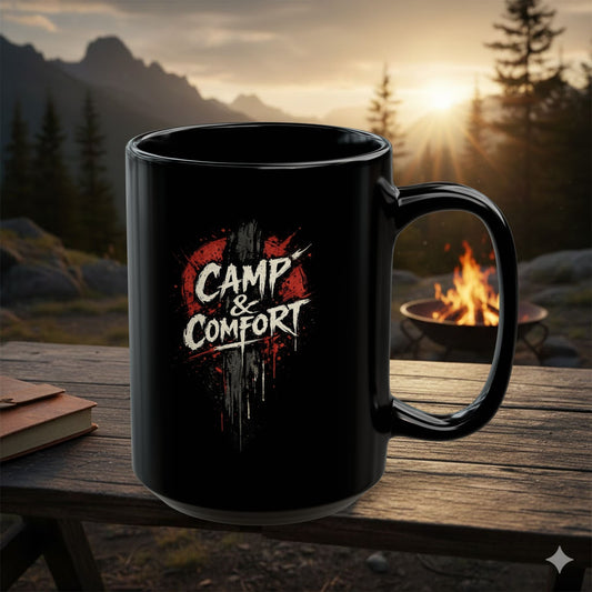 "The Camp & Comfort Splatter Mug Official Sweepstakes prize, featuring a black ceramic finish with a red and white distressed 'splatter' logo design."