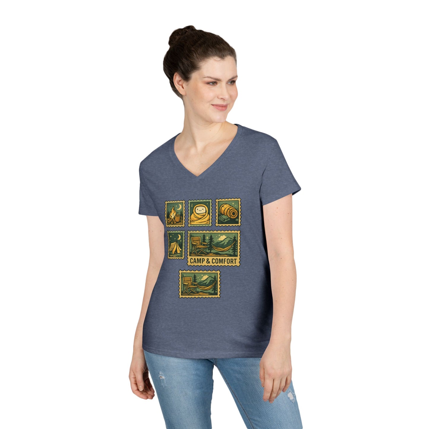 Camp & Comfort Women's V-Neck Tee — Retro Camping Patch Graphic