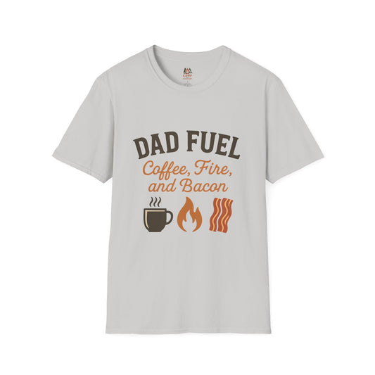 Dad Fuel T-Shirt | Funny Gift for Fathers | Coffee Fire and Bacon Tee | Unisex Softstyle Tee | Great for Birthdays and Father's Day