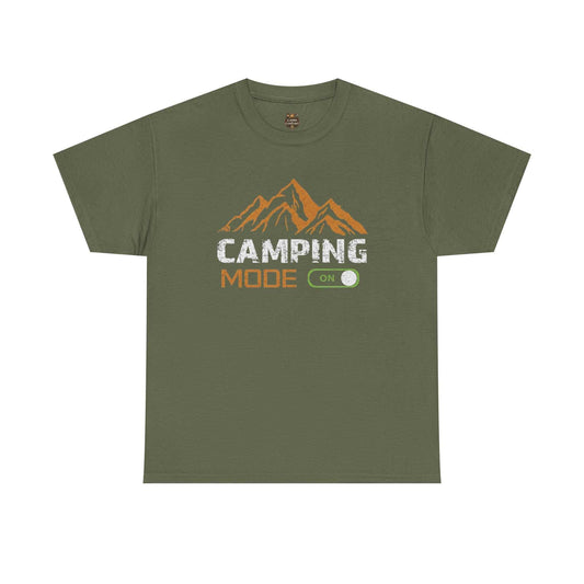 "The Camping Mode On T-Shirt | Mountain Graphic Outdoor Adventure Shirt featuring a rustic mountain peak design on a soft, high-quality fabric."