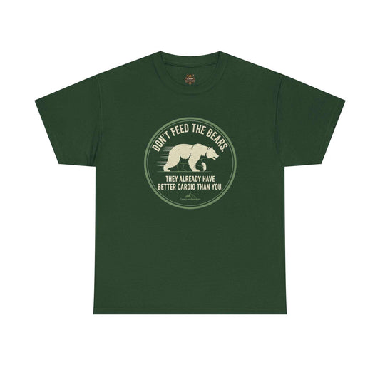 "A soft, olive green Don't Feed the Bear T-Shirt Funny Camping Hiking tee featuring a vintage-style bear graphic and bold text."