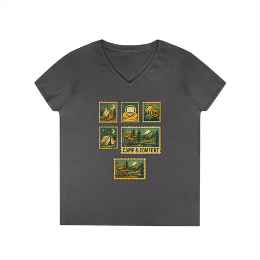 Camp & Comfort Women's V-Neck Tee — Retro Camping Patch Graphic
