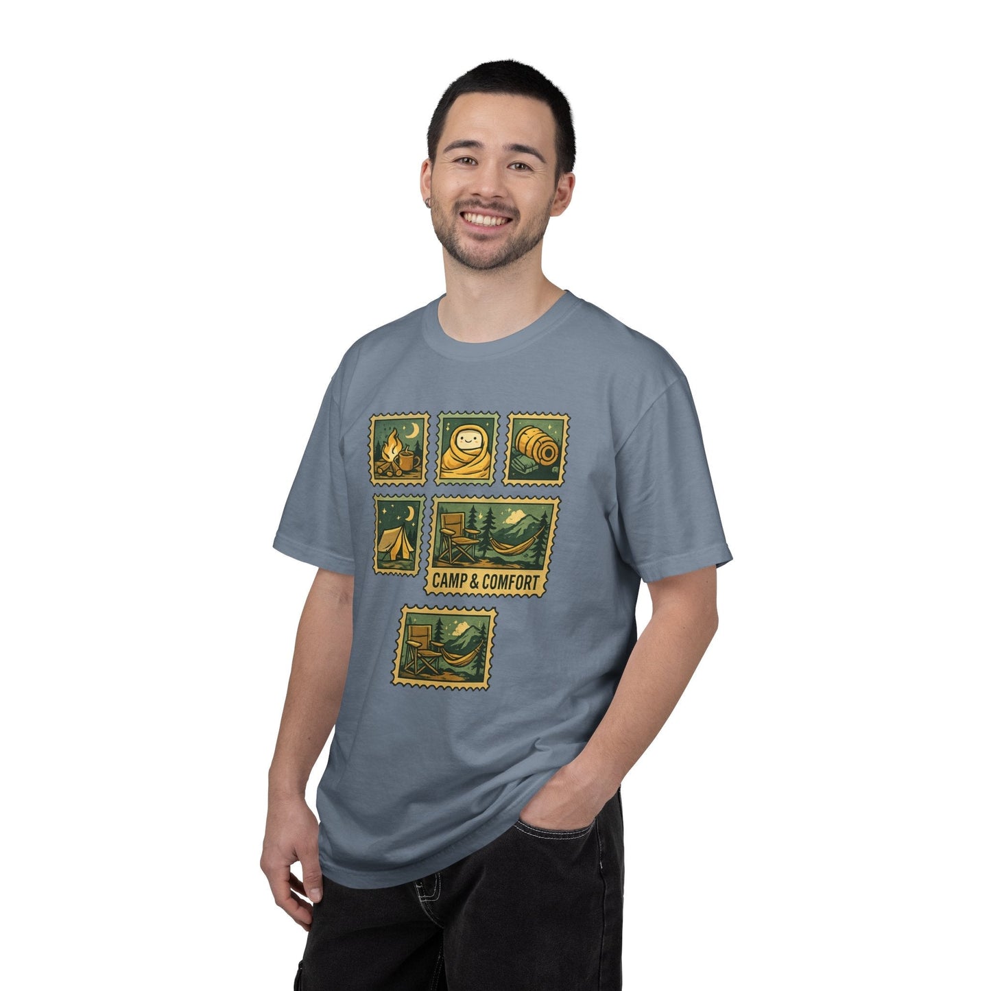 "The Camp & Comfort camping stamps T-Shirt Vintage Outdoors Design featuring a collection of retro-style camping stamps on a high-quality cotton tee."