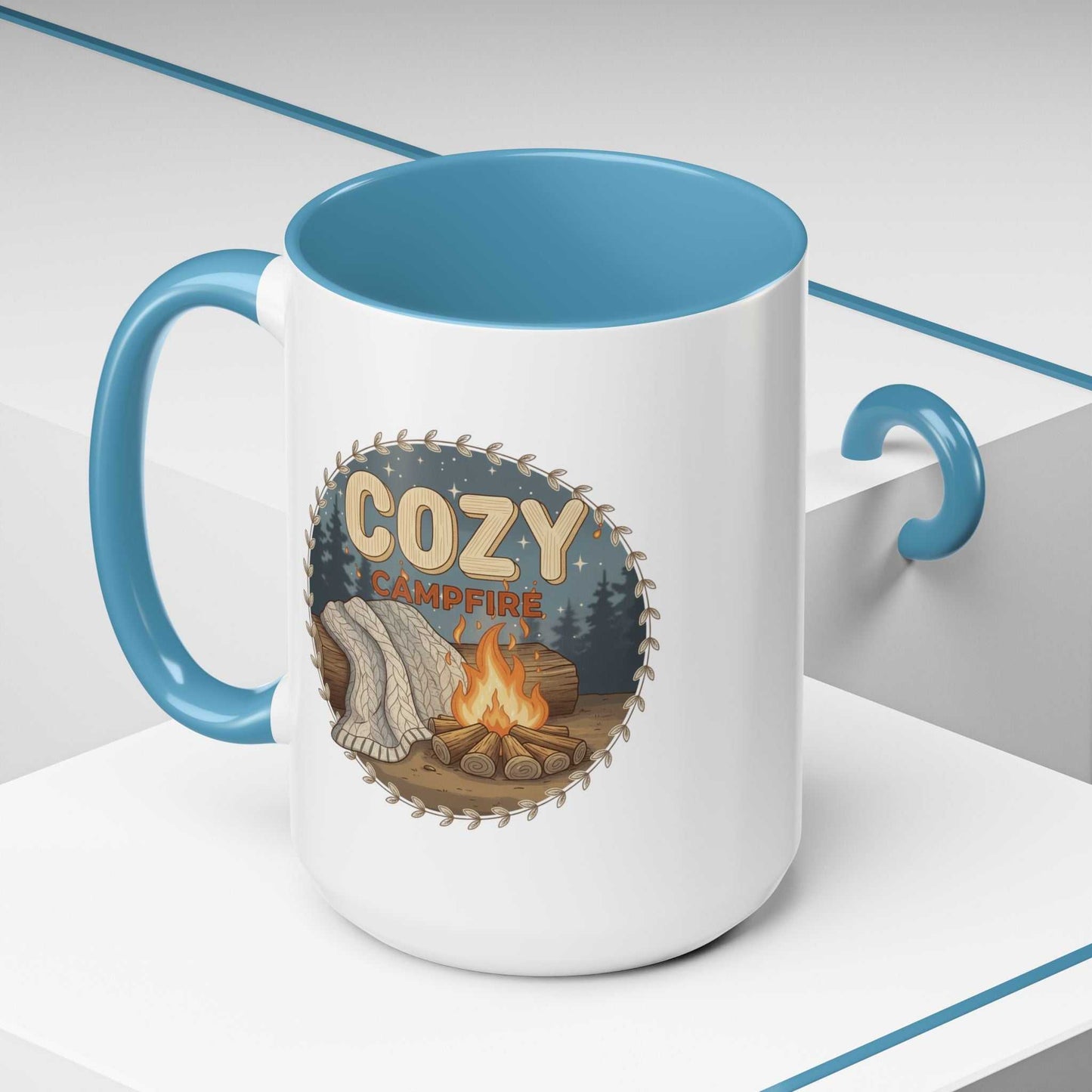 A Cozy Campfire Mug in speckled ceramic with a sky rim, filled with hot coffee and sitting on a wooden surface