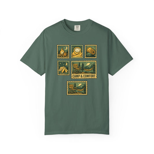 "The Camp & Comfort camping stamps T-Shirt Vintage Outdoors Design featuring a collection of retro-style camping stamps on a high-quality cotton tee."