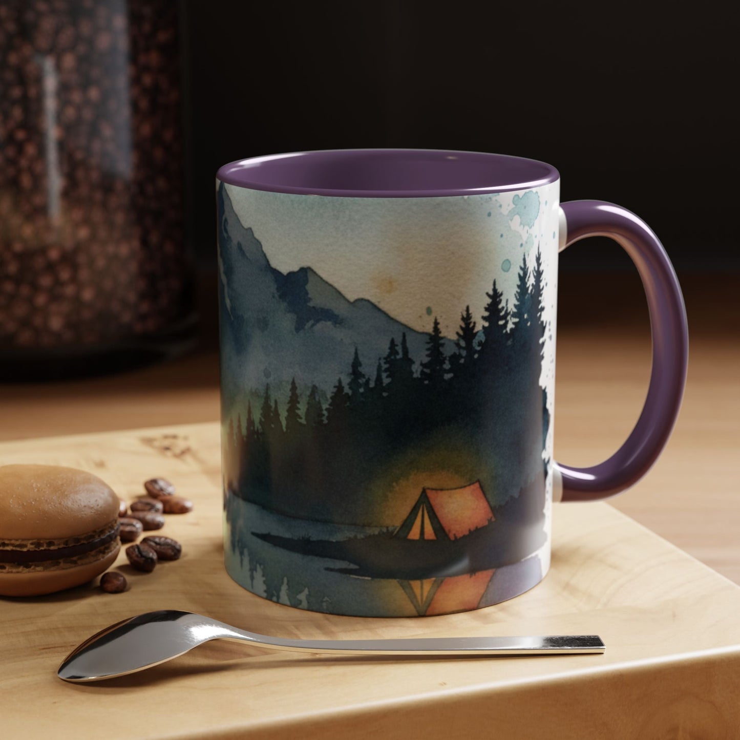 Mountain Lake Camping Accent Coffee Mug — Watercolor Outdoors Travel Mug (11/15oz) Printify