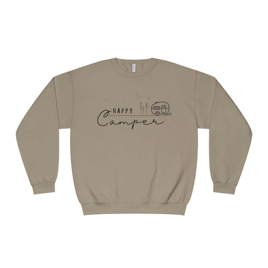 Happy Camper Sweatshirt - Cozy Camping Pullover for Nature Enthusiasts - Outdoors Lover Gift - Hiking and Adventure Graphic Sweater - Camp and Comfort