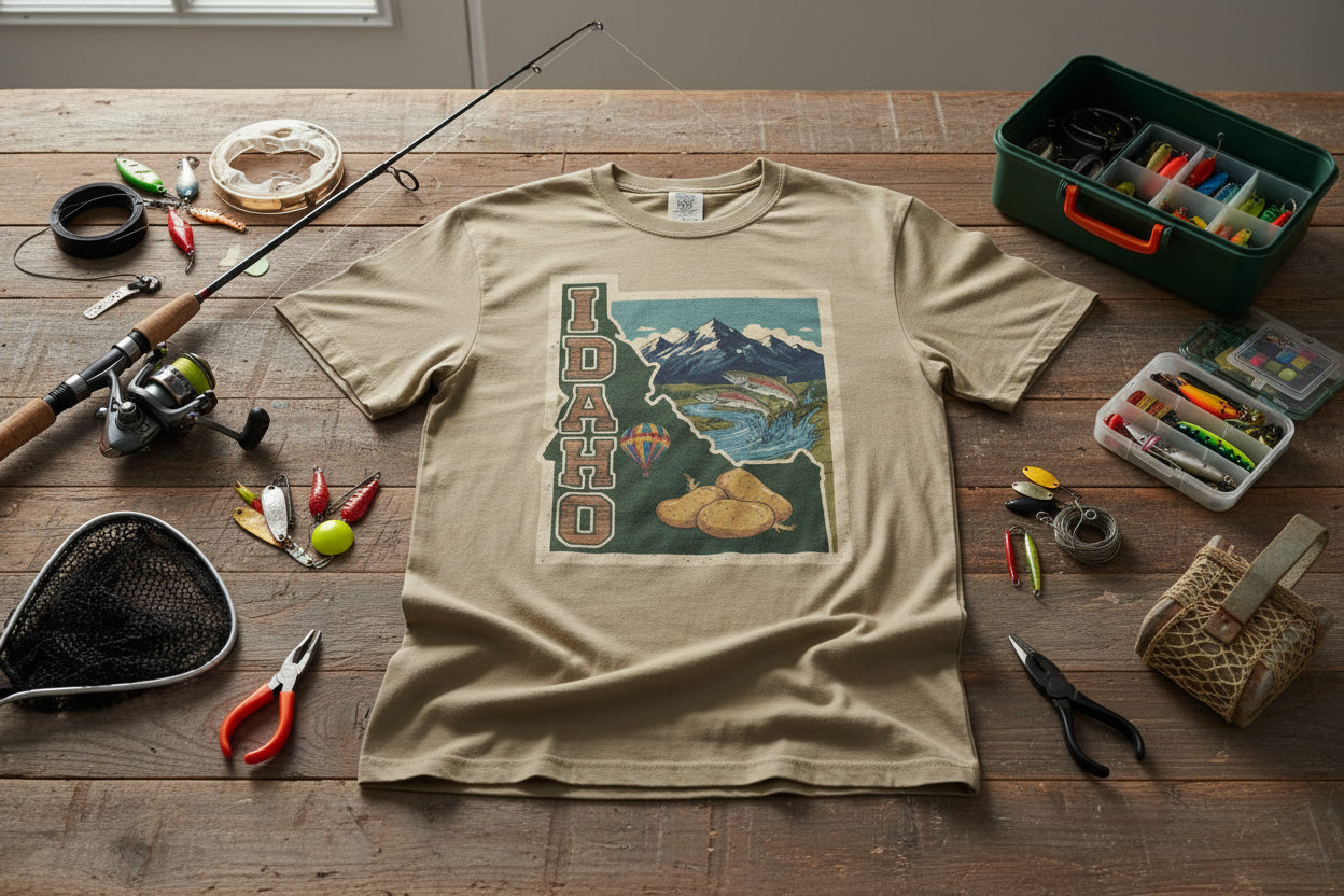 Idaho State Tee featuring a minimalist scenic mountain and potato graphic. A premium heather grey travel t-shirt from Camp & Comfort for Idaho explorers.