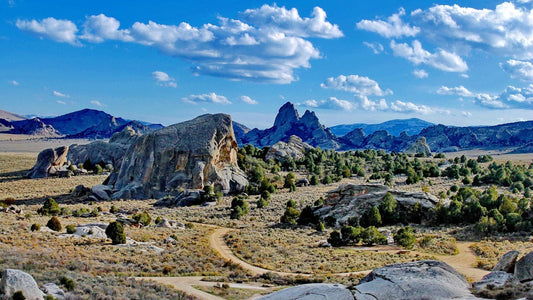 Granite rock formations and campsites at City of Rocks National Reserve, Idaho.