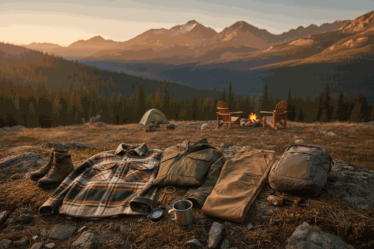 A family wearing matching Camp & Comfort adventure apparel, featuring the Sassy Squatch t-shirt and hoodies, in an outdoor forest setting.