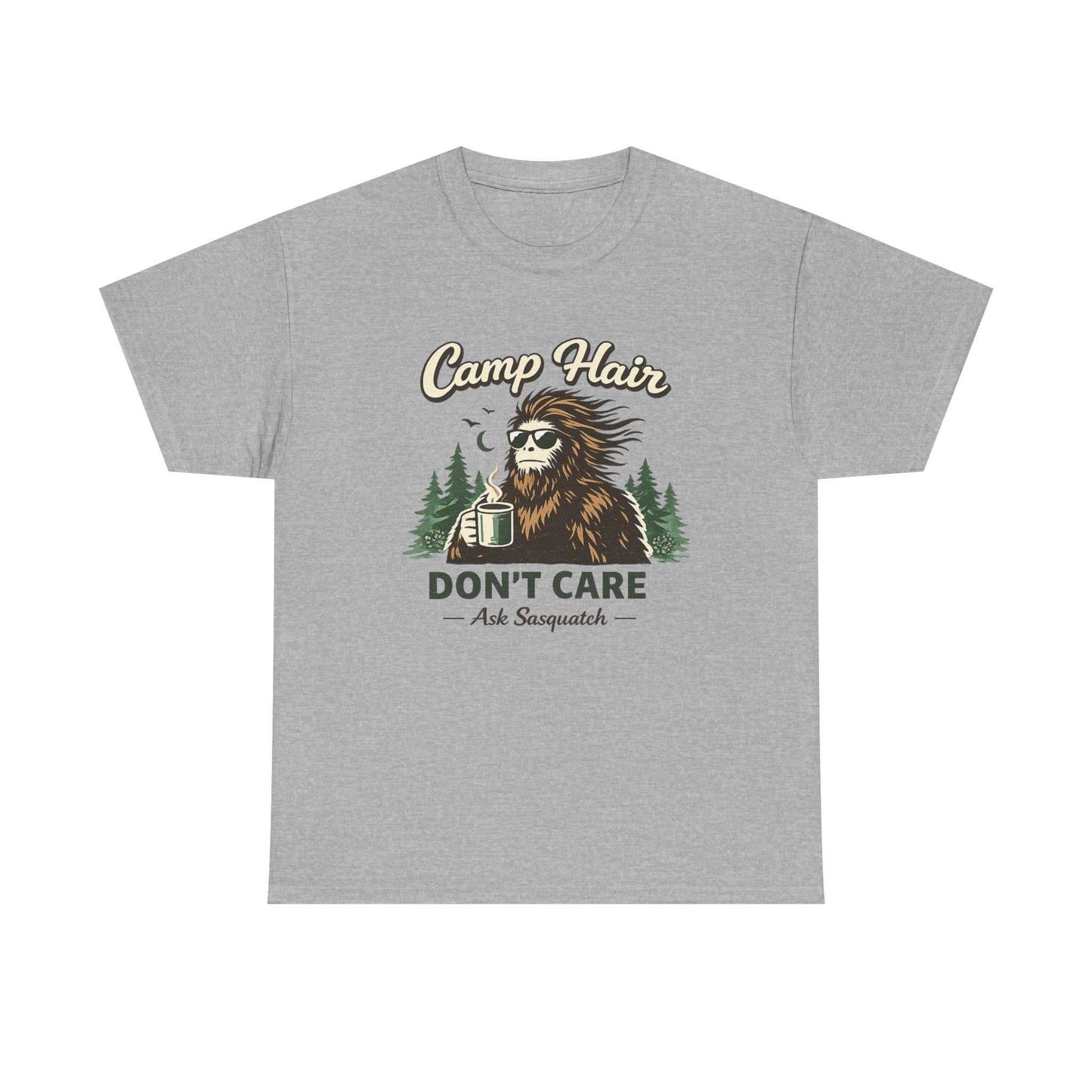 Camp Hair Don't Care T-shirt with Bigfoot camping design and vintage style