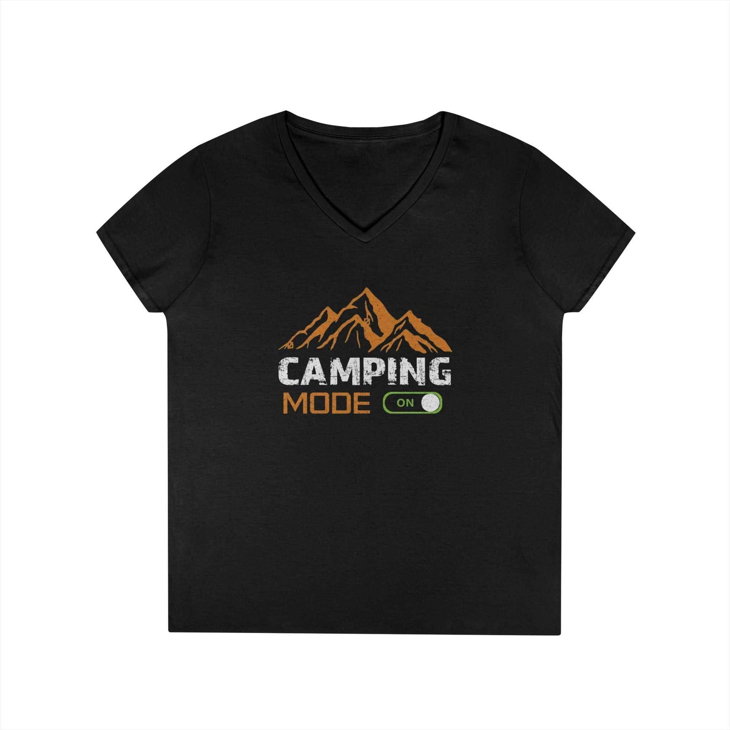 Women's black Camping Mode On V-neck t-shirt with rust-orange mountain graphic and durable cotton fabric