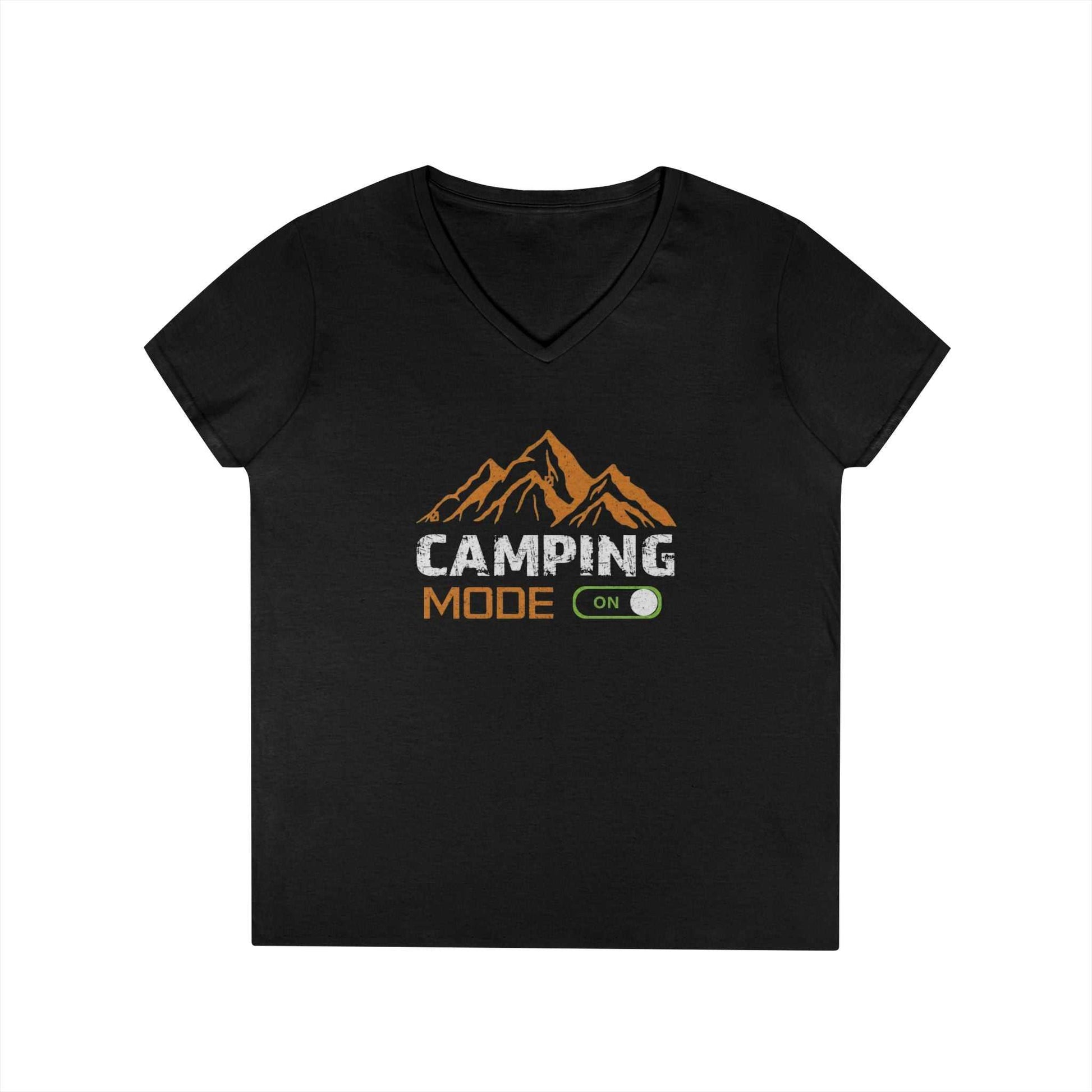Women's black Camping Mode On V-neck t-shirt with rust-orange mountain graphic and durable cotton fabric
