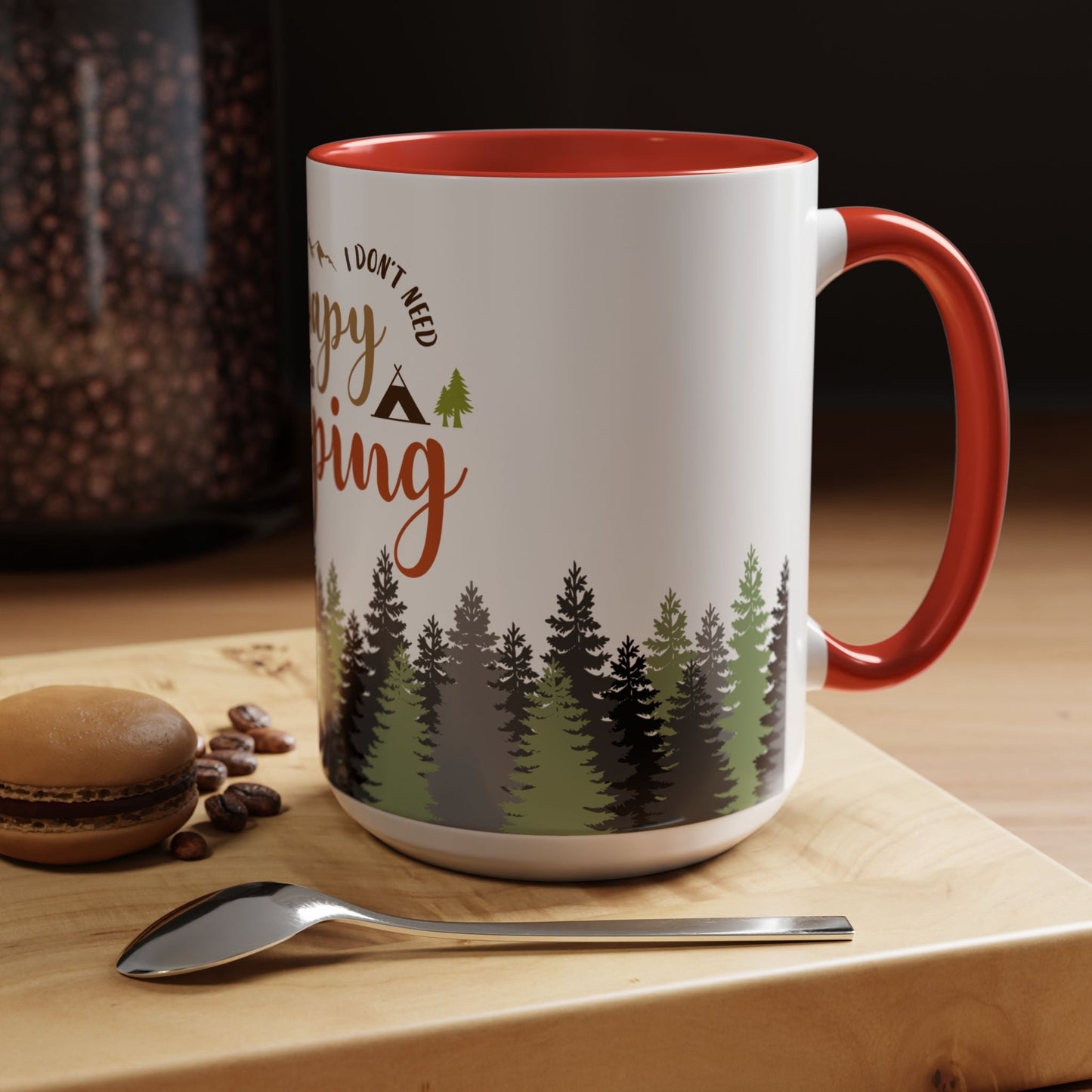 A person holding the I Don't Need Therapy I Just Need To Go Camping Mug next to a morning campfire.