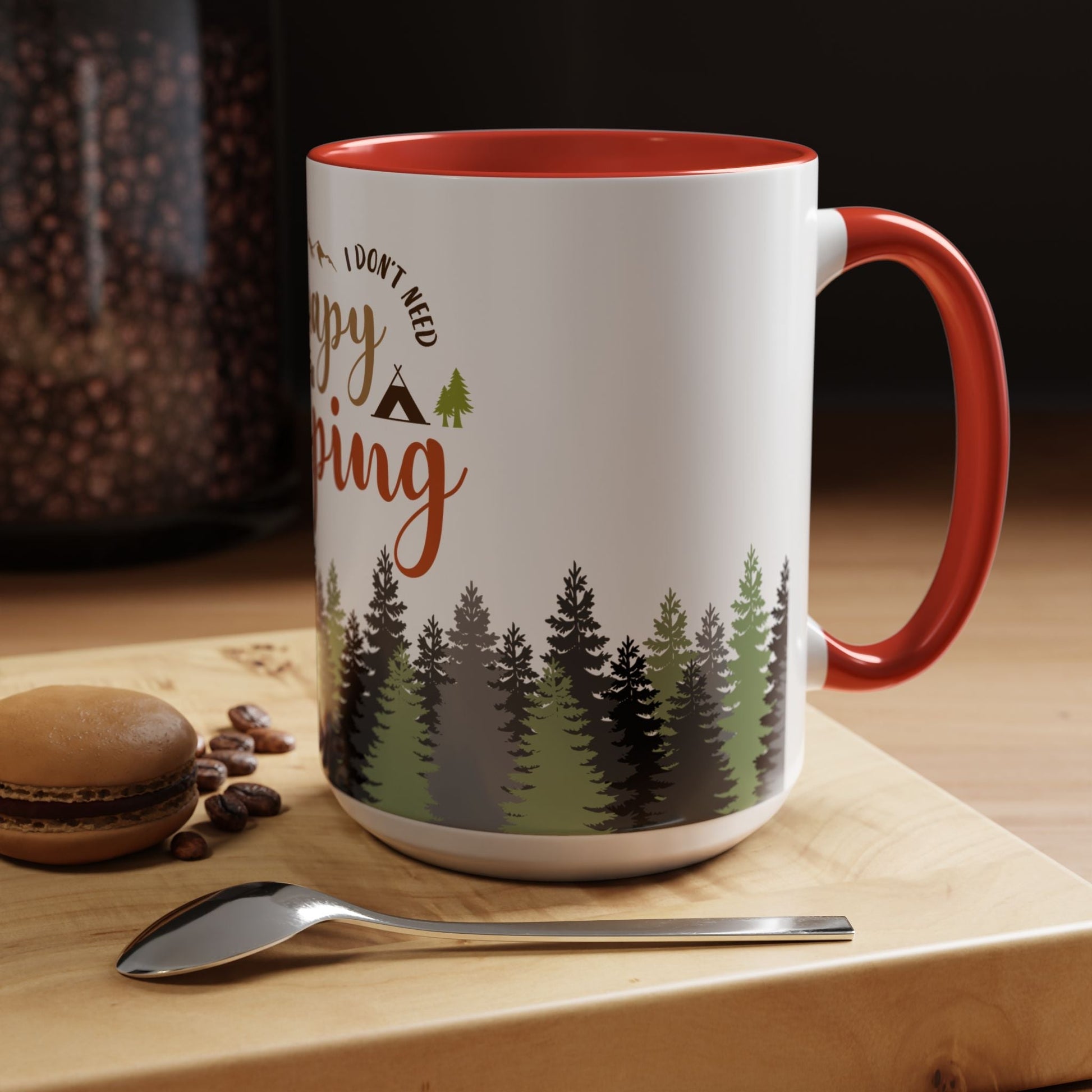 A person holding the I Don't Need Therapy I Just Need To Go Camping Mug next to a morning campfire.