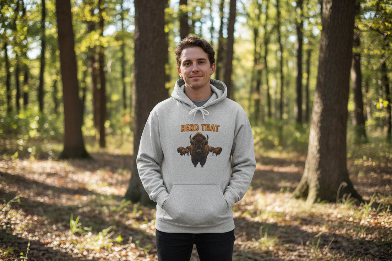 Herd That! Funny Yellowstone bison hoodie with vintage bison design and cozy blend fabric.