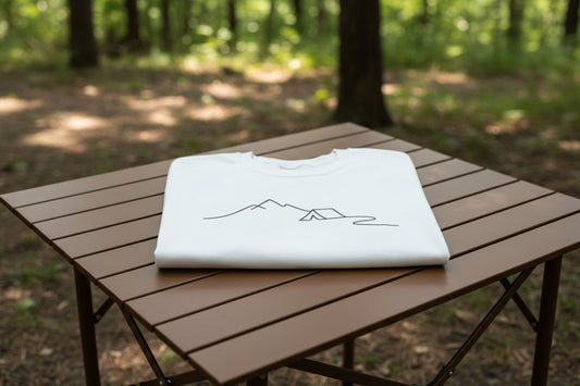 Crewneck sweatshirt with minimalist camping line art design for outdoor lovers
