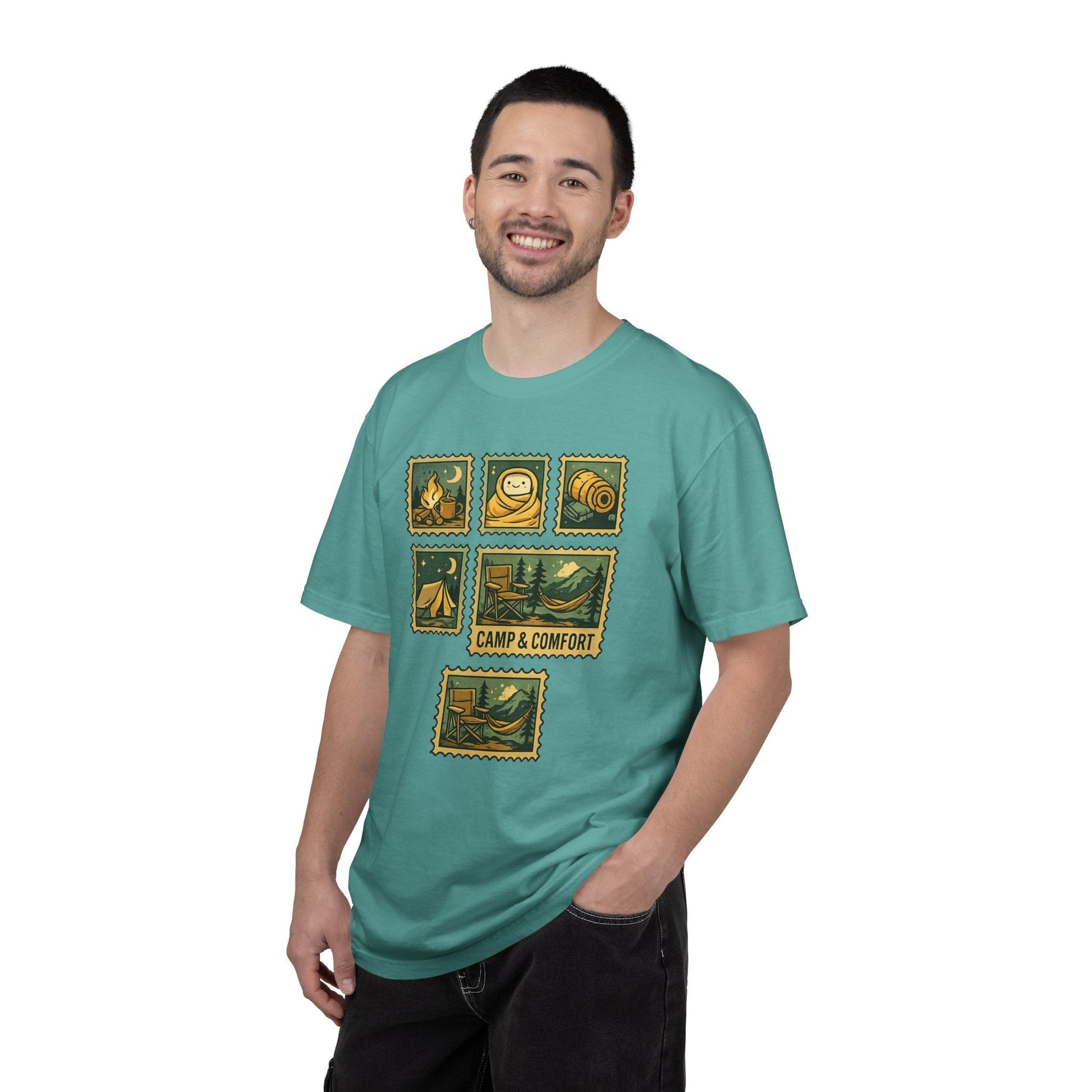 "The Camp & Comfort camping stamps T-Shirt Vintage Outdoors Design featuring a collection of retro-style camping stamps on a high-quality cotton tee."