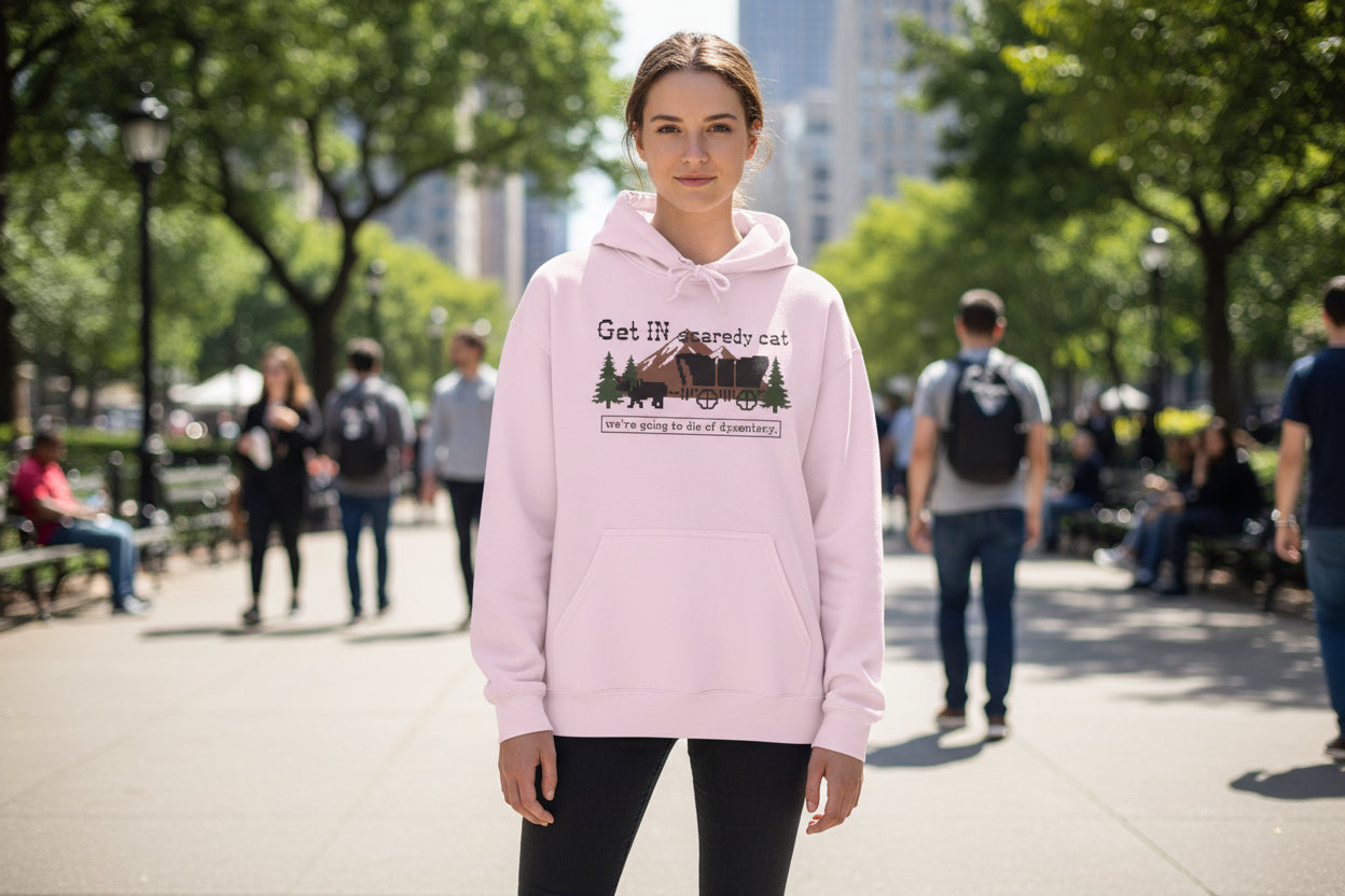 Retro Oregon Trail Dysentery Graphic Pullover in sand with light blue and pink Scaredy Cat wagon illustration.