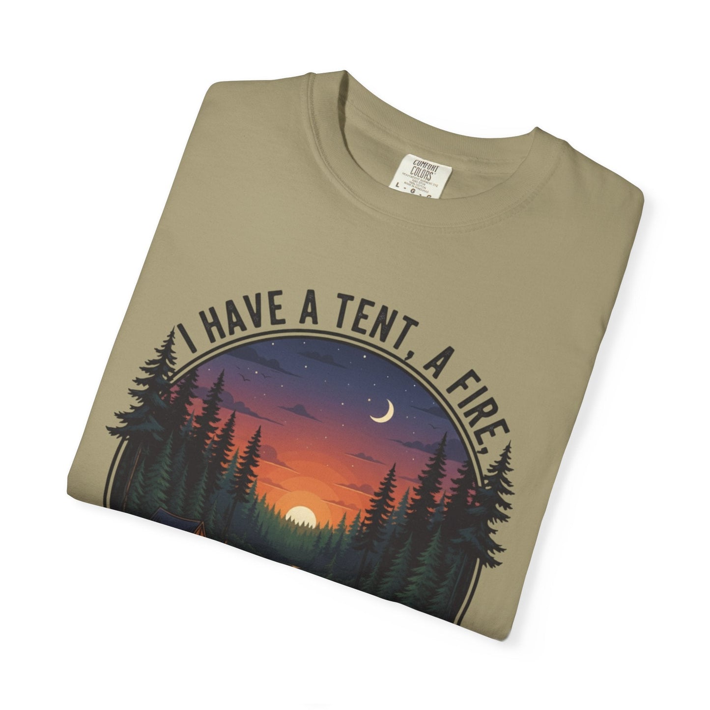 The I have a tent a fire and a bad sense of direction T-Shirt featuring funny text and a minimalist campfire graphic on a soft cotton tee.
