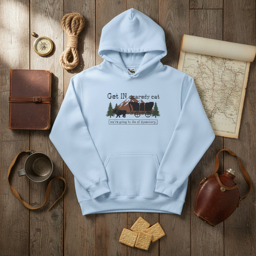 Retro Oregon Trail Dysentery Graphic Pullover in sand with light blue and pink Scaredy Cat wagon illustration.