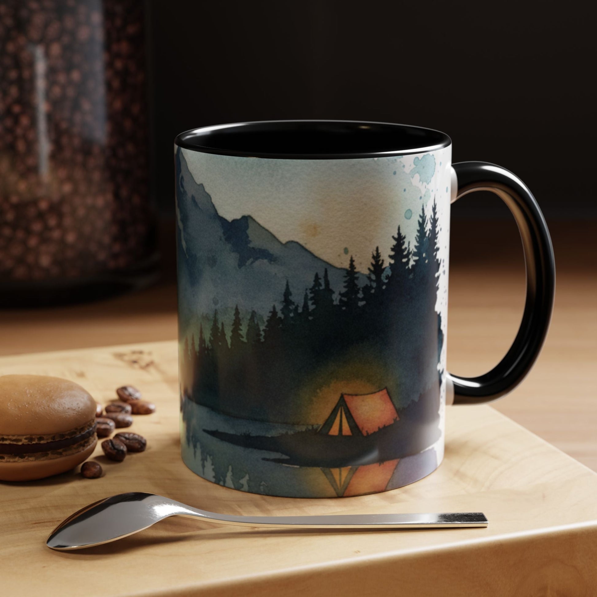 Mountain lake camping watercolor coffee mug with pine trees and alpine lake design