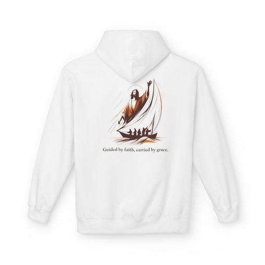 Jesus Sailing Hoodie with faith-inspired sailboat illustration and comforting relaxed fit