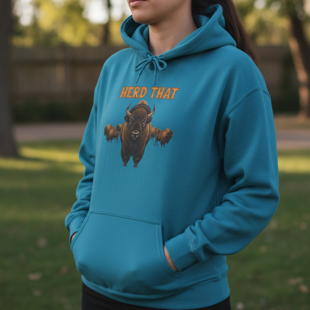 Herd That! Funny Yellowstone bison hoodie with vintage bison design and cozy blend fabric.