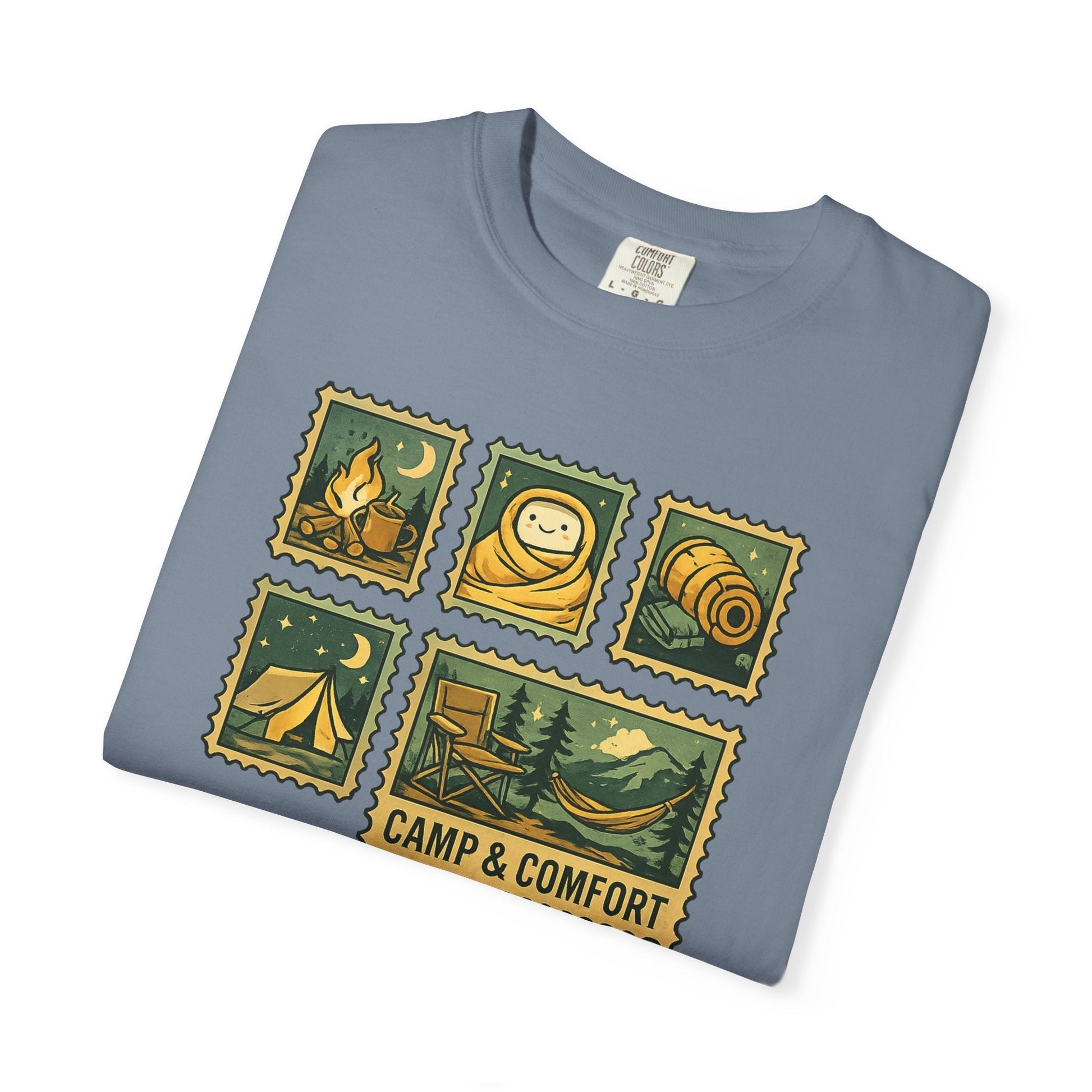 "The Camp & Comfort camping stamps T-Shirt Vintage Outdoors Design featuring a collection of retro-style camping stamps on a high-quality cotton tee."