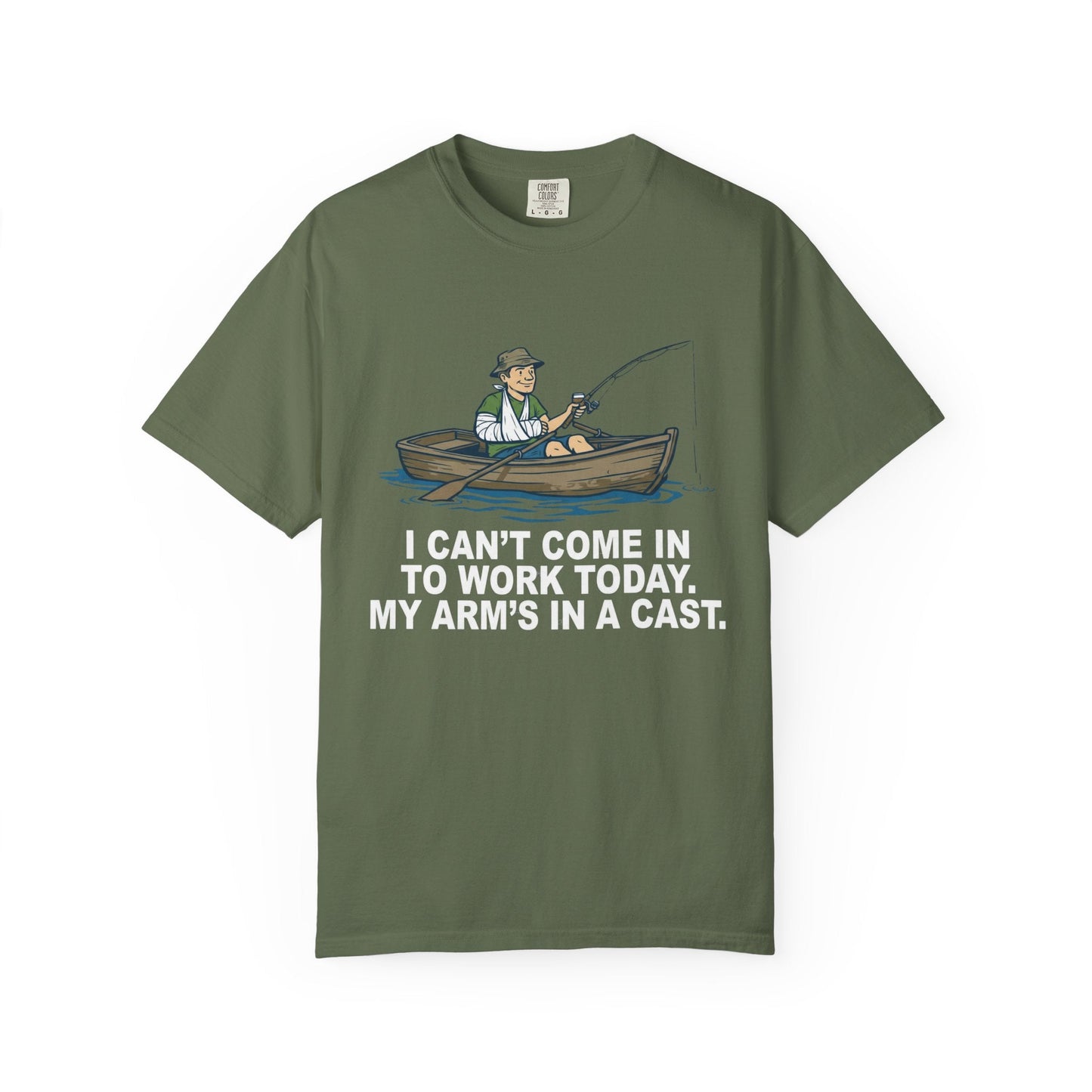 "The I Can't Come In To Work Today My Arm's In A Cast T-Shirt featuring a funny fisherman graphic on a soft cotton tee."