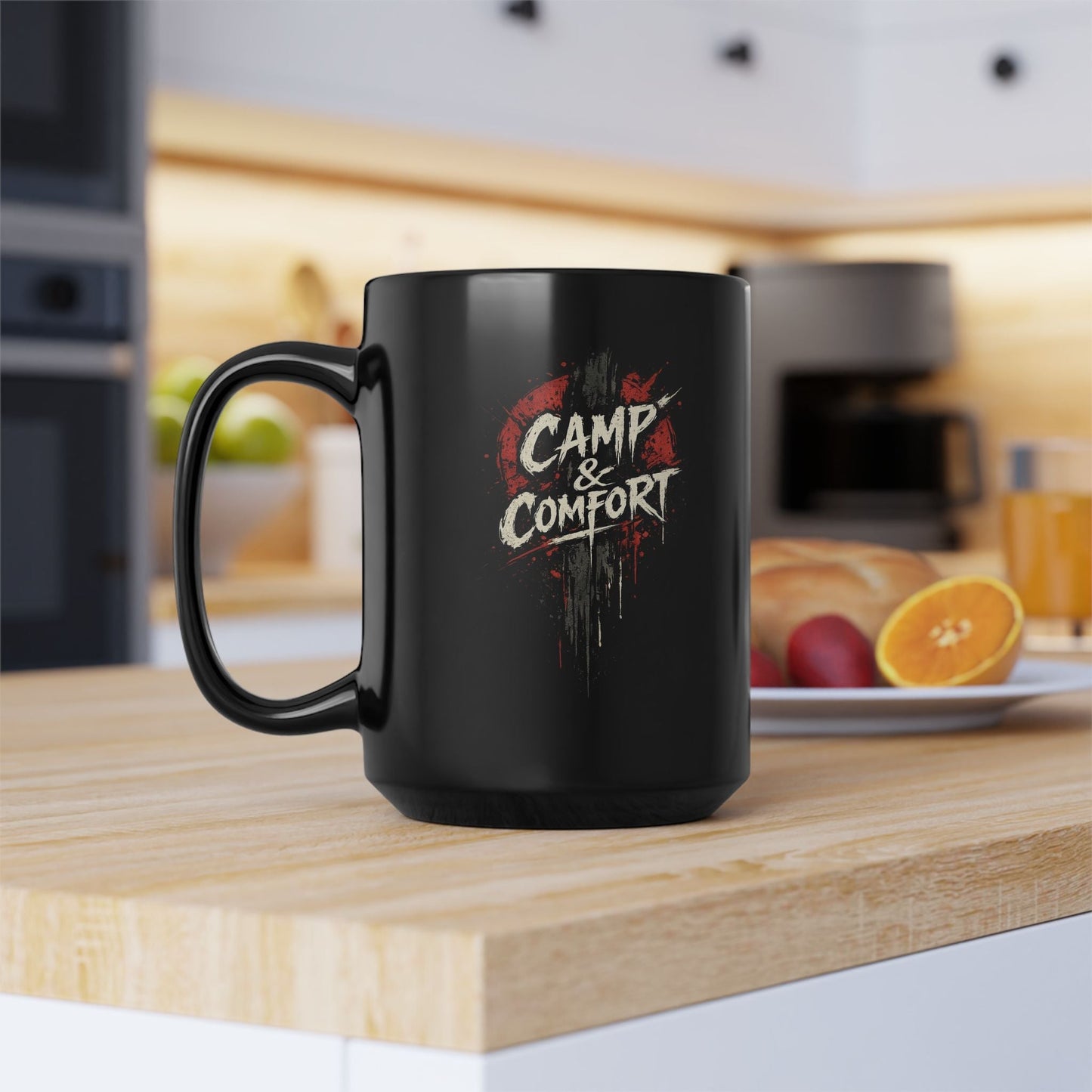 "The Camp & Comfort Splatter Mug Official Sweepstakes prize, featuring a black ceramic finish with a red and white distressed 'splatter' logo design."