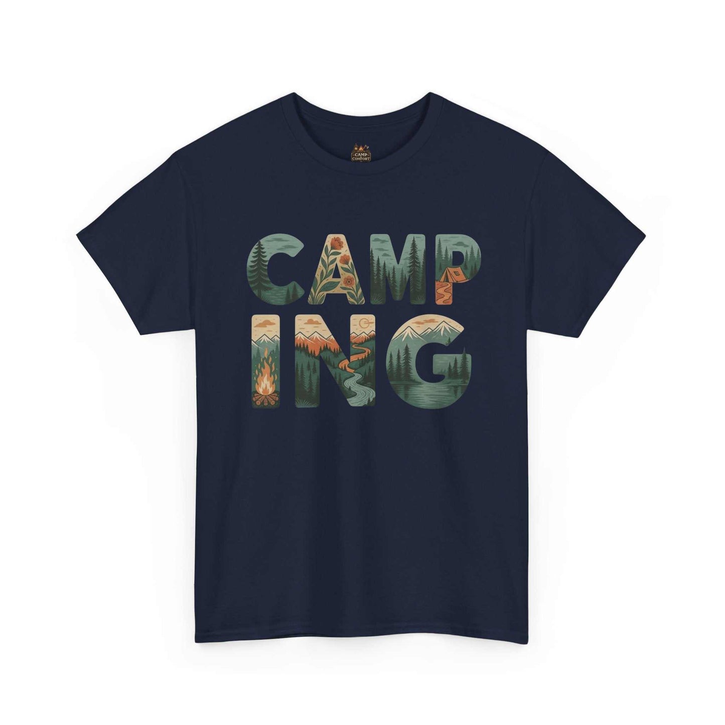 "The Camping Typography Tee Outdoor Nature Graphic Shirt in a soft heathered fabric, featuring a clean, rustic typography design with mountain and forest elements."