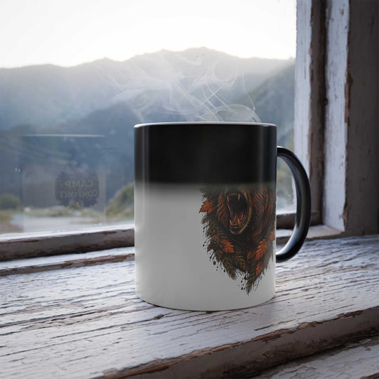 Color-changing coffee mug with rustic bear forest design revealing a bear in Idaho pine trees when heated