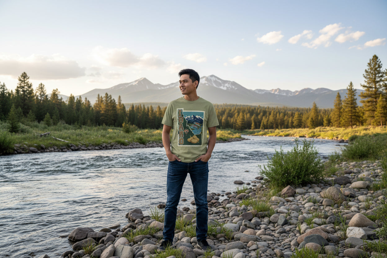 Idaho State Tee featuring a minimalist scenic mountain and potato graphic. A premium heather grey travel t-shirt from Camp & Comfort for Idaho explorers.