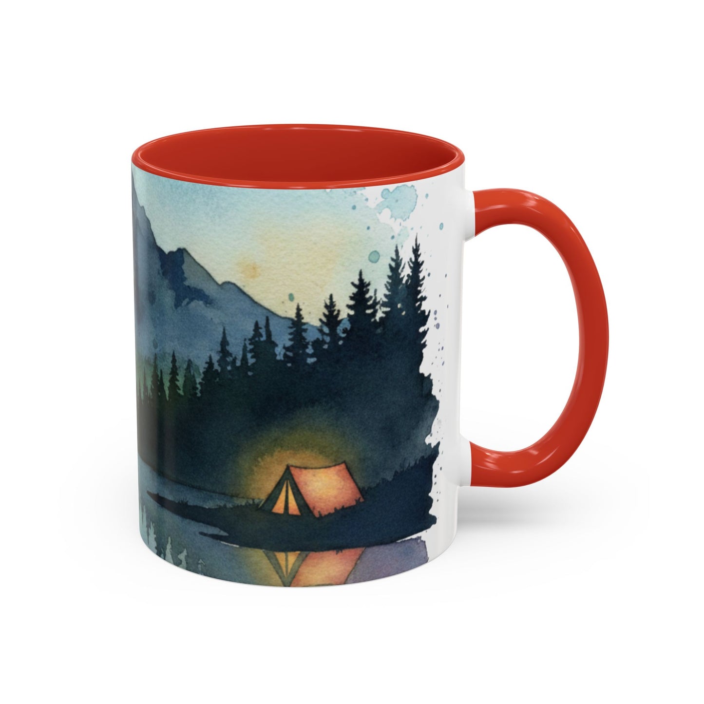Mountain Lake Camping Accent Coffee Mug — Watercolor Outdoors Travel Mug (11/15oz)