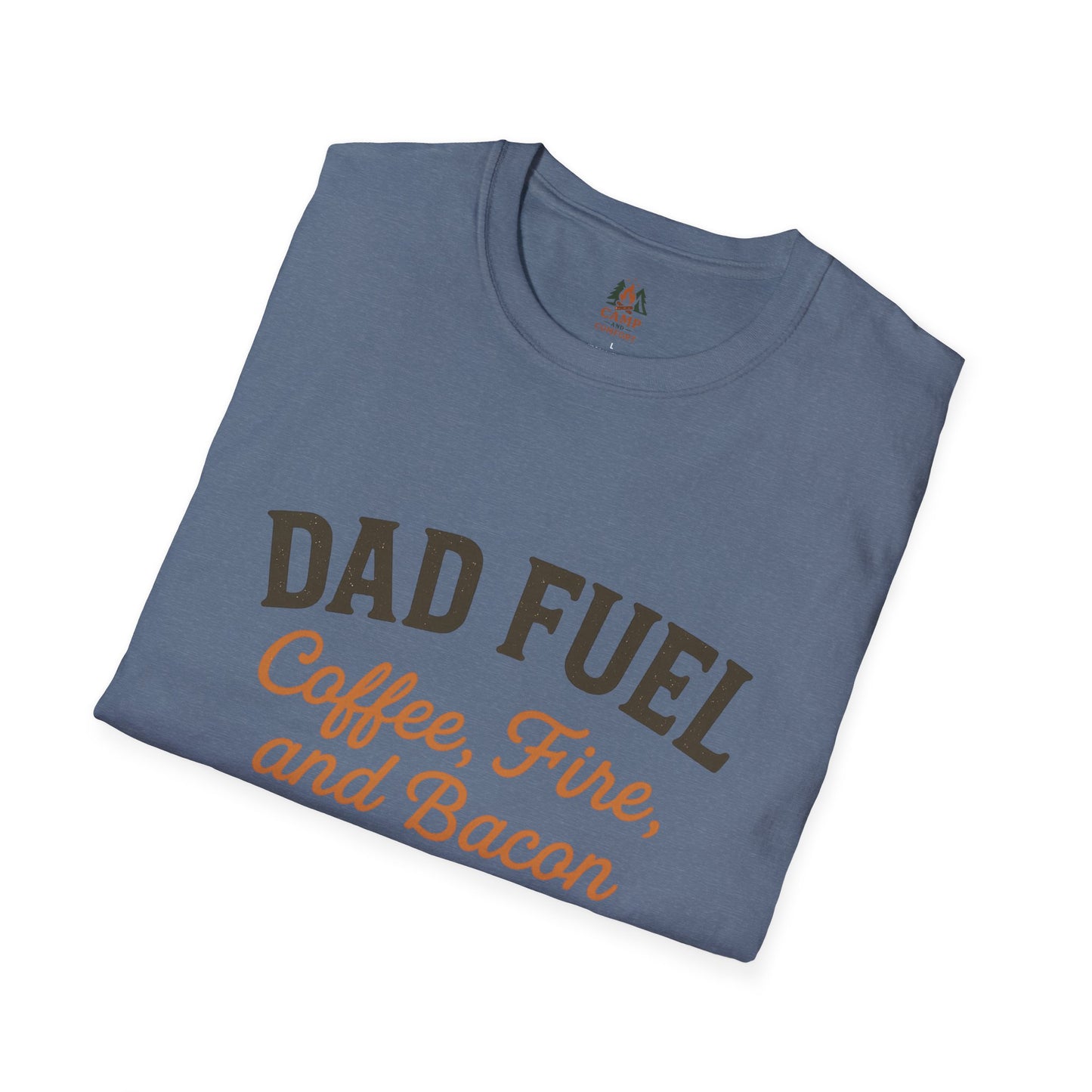 Dad Fuel T-Shirt | Funny Gift for Fathers | Coffee Fire and Bacon Tee | Unisex Softstyle Tee | Great for Birthdays and Father's Day