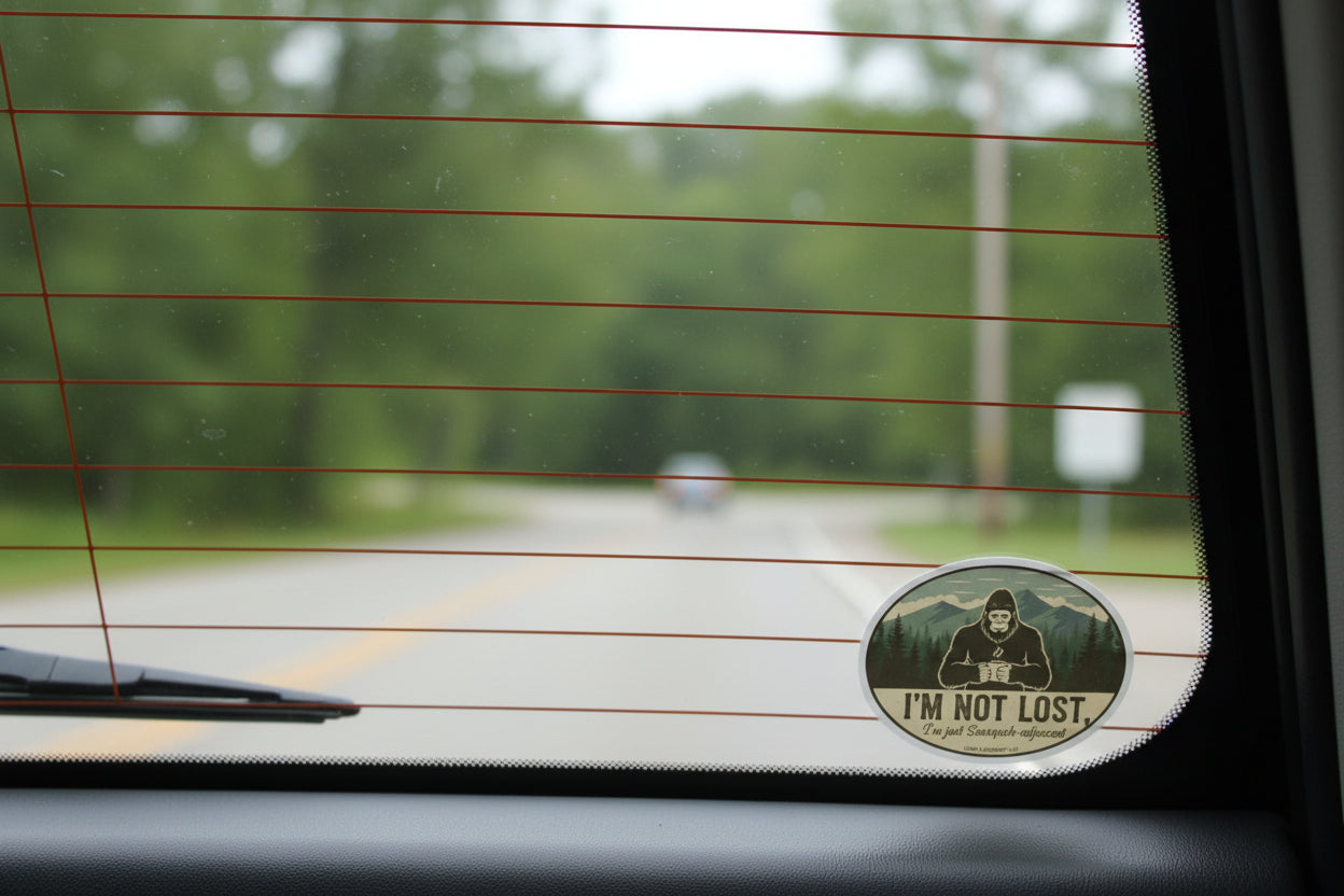 Bigfoot 'I'm Not Lost' Magnet featuring a silhouette of Sasquatch and vintage-style text."