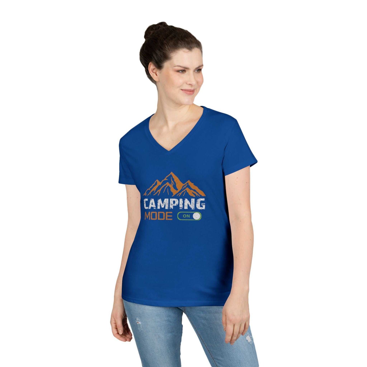 Camping Mode On V-Neck T-Shirt — Women's Outdoor Adventure Tee