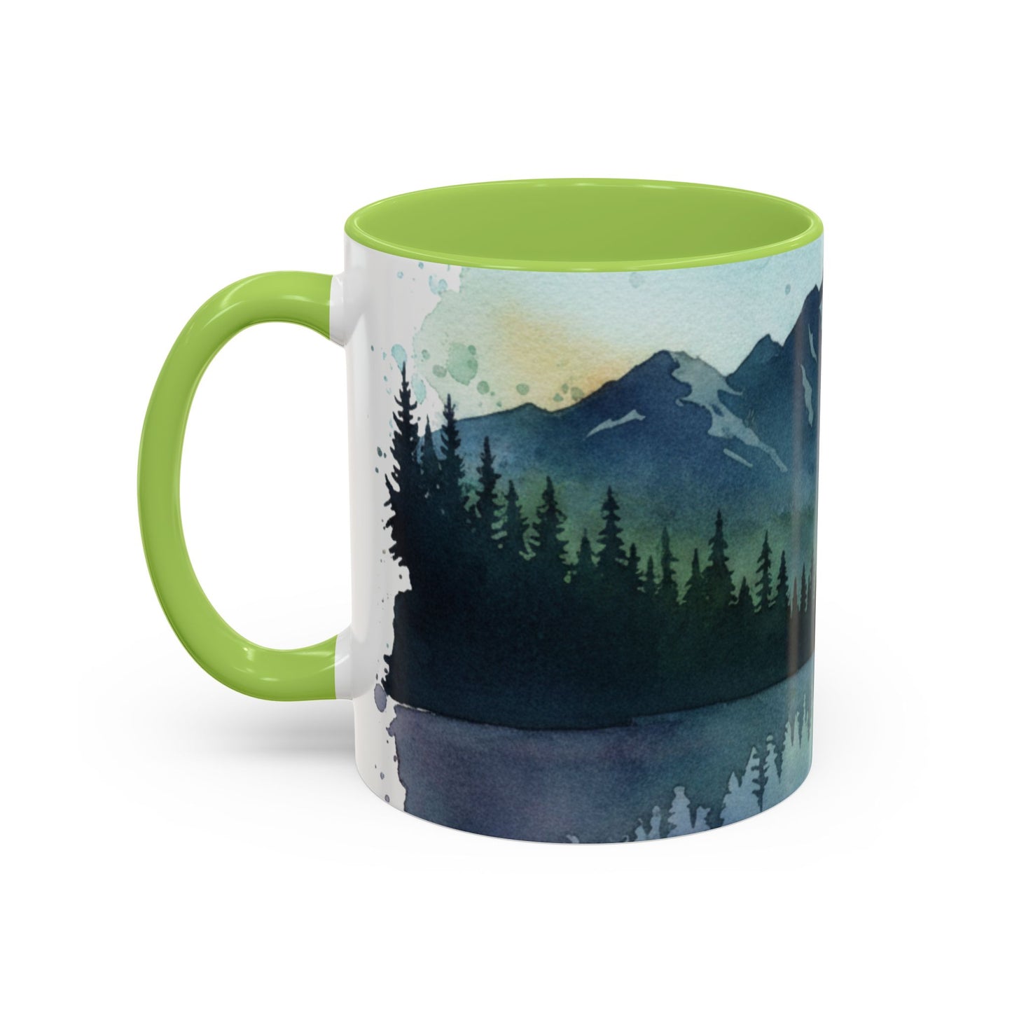 Mountain Lake Camping Accent Coffee Mug — Watercolor Outdoors Travel Mug (11/15oz)