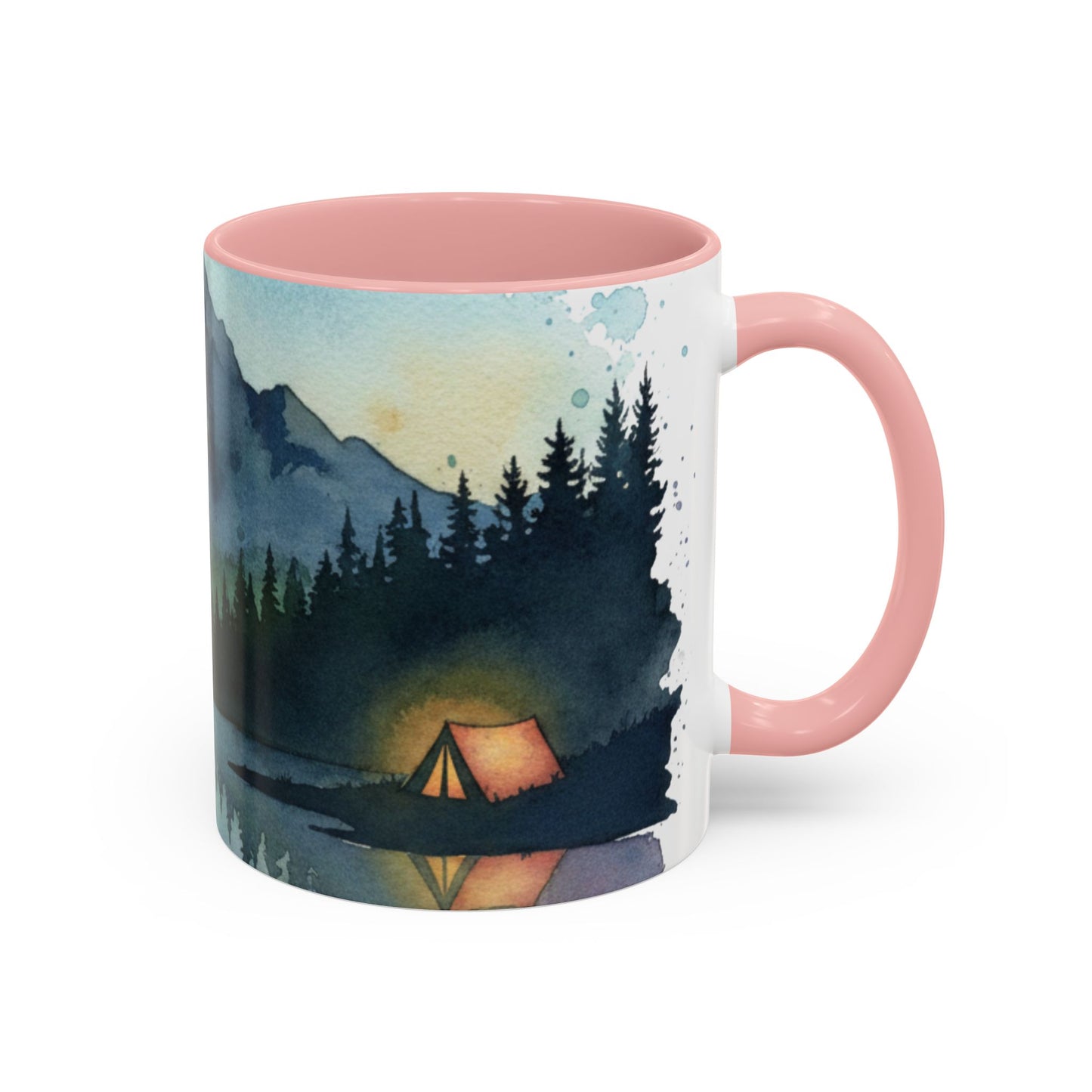 Mountain Lake Camping Accent Coffee Mug — Watercolor Outdoors Travel Mug (11/15oz)