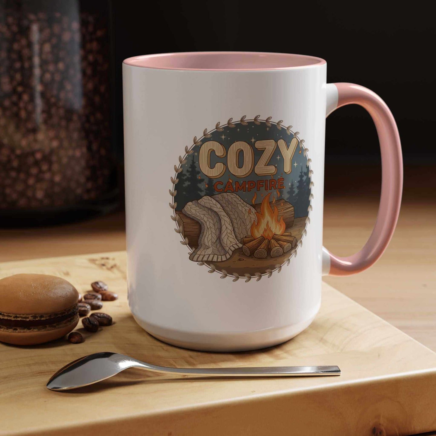 Cozy Campfire Coffee Mug with speckled ceramic finish and black rim, ideal for outdoor adventures and camping.