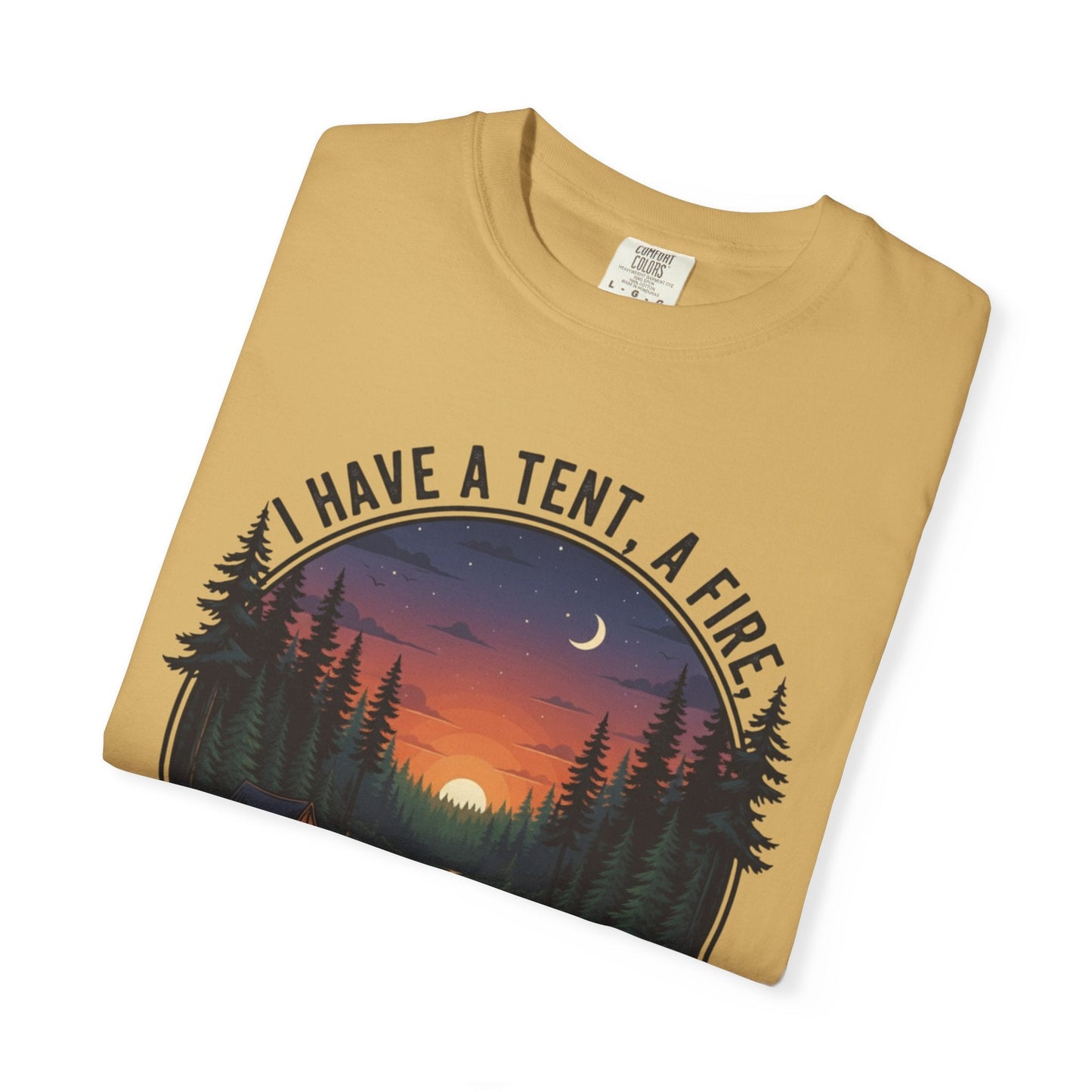 The I have a tent a fire and a bad sense of direction T-Shirt featuring funny text and a minimalist campfire graphic on a soft cotton tee.