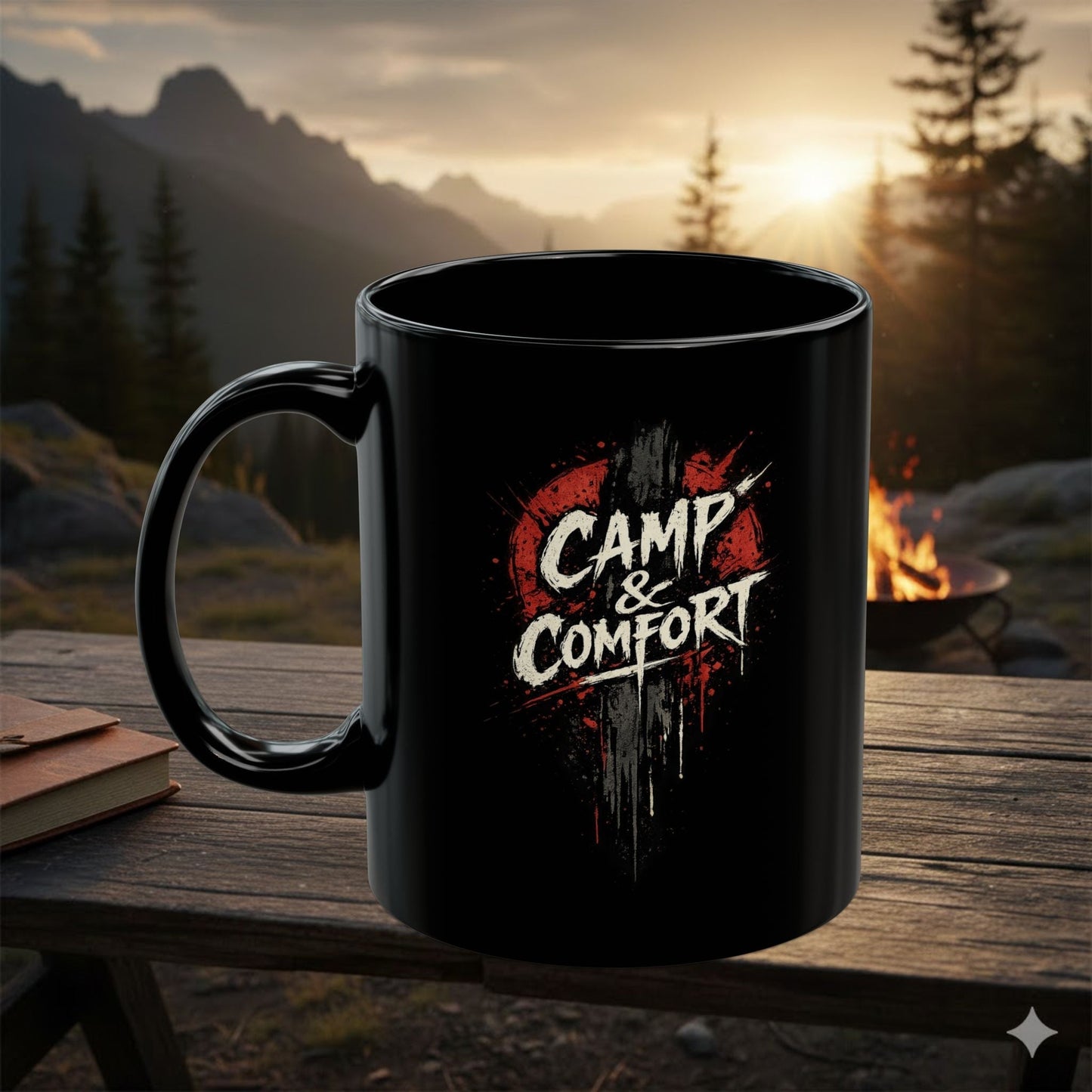 "The Camp & Comfort Splatter Mug Official Sweepstakes prize, featuring a black ceramic finish with a red and white distressed 'splatter' logo design."