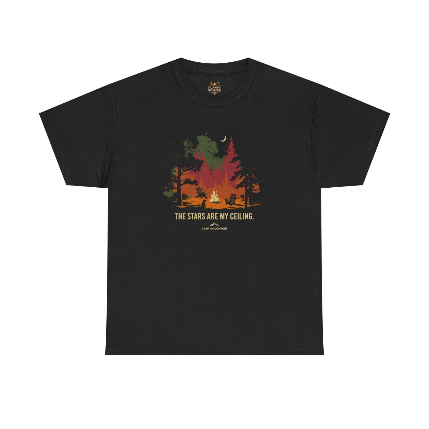 Night Camping Forest tee with campfire silhouette, crescent moon, and "The stars are my ceiling" text
