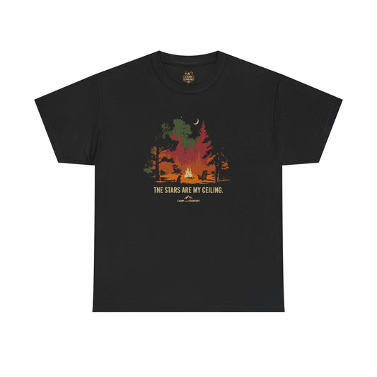 Night Camping Forest tee with campfire silhouette, crescent moon, and "The stars are my ceiling" text