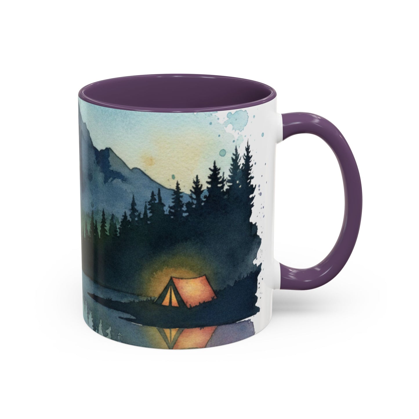 Mountain Lake Camping Accent Coffee Mug — Watercolor Outdoors Travel Mug (11/15oz)