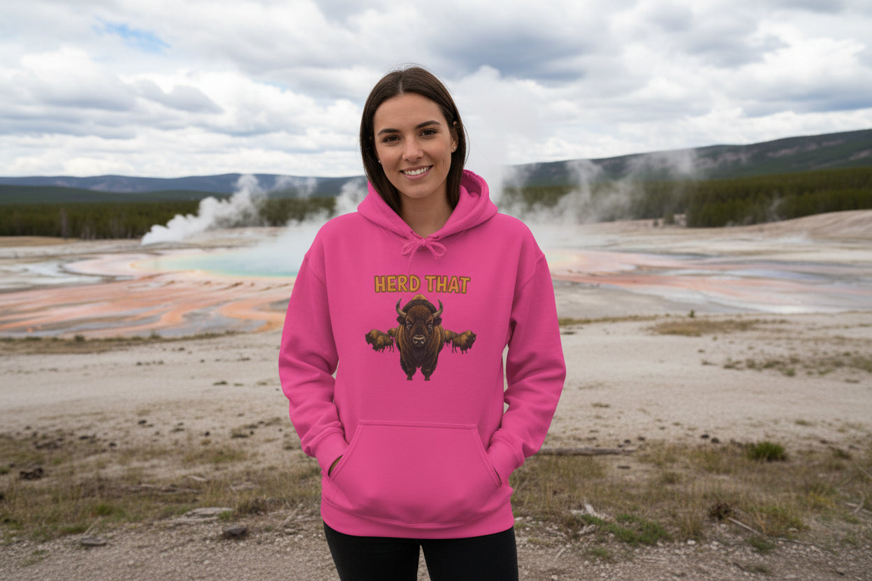 Herd That! Funny Yellowstone bison hoodie with vintage bison design and cozy blend fabric.