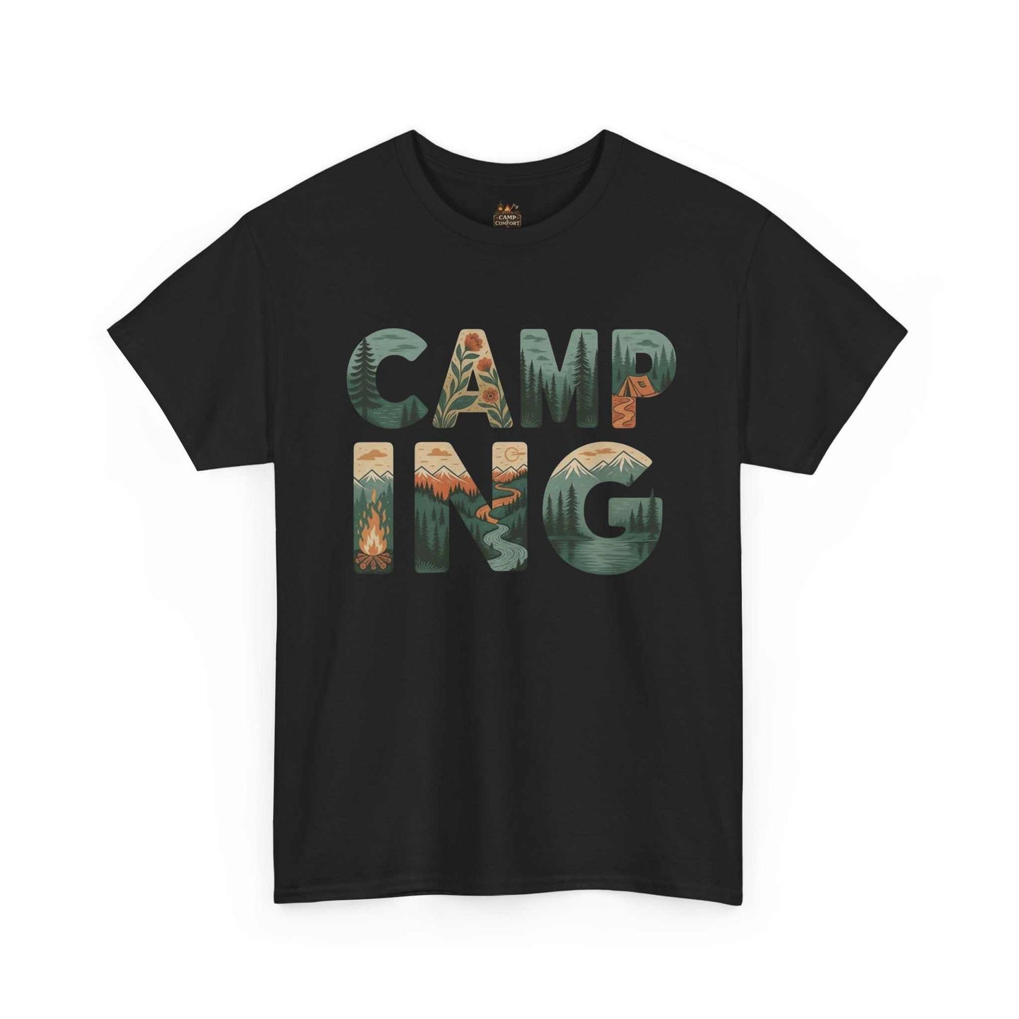 "The Camping Typography Tee Outdoor Nature Graphic Shirt in a soft heathered fabric, featuring a clean, rustic typography design with mountain and forest elements."