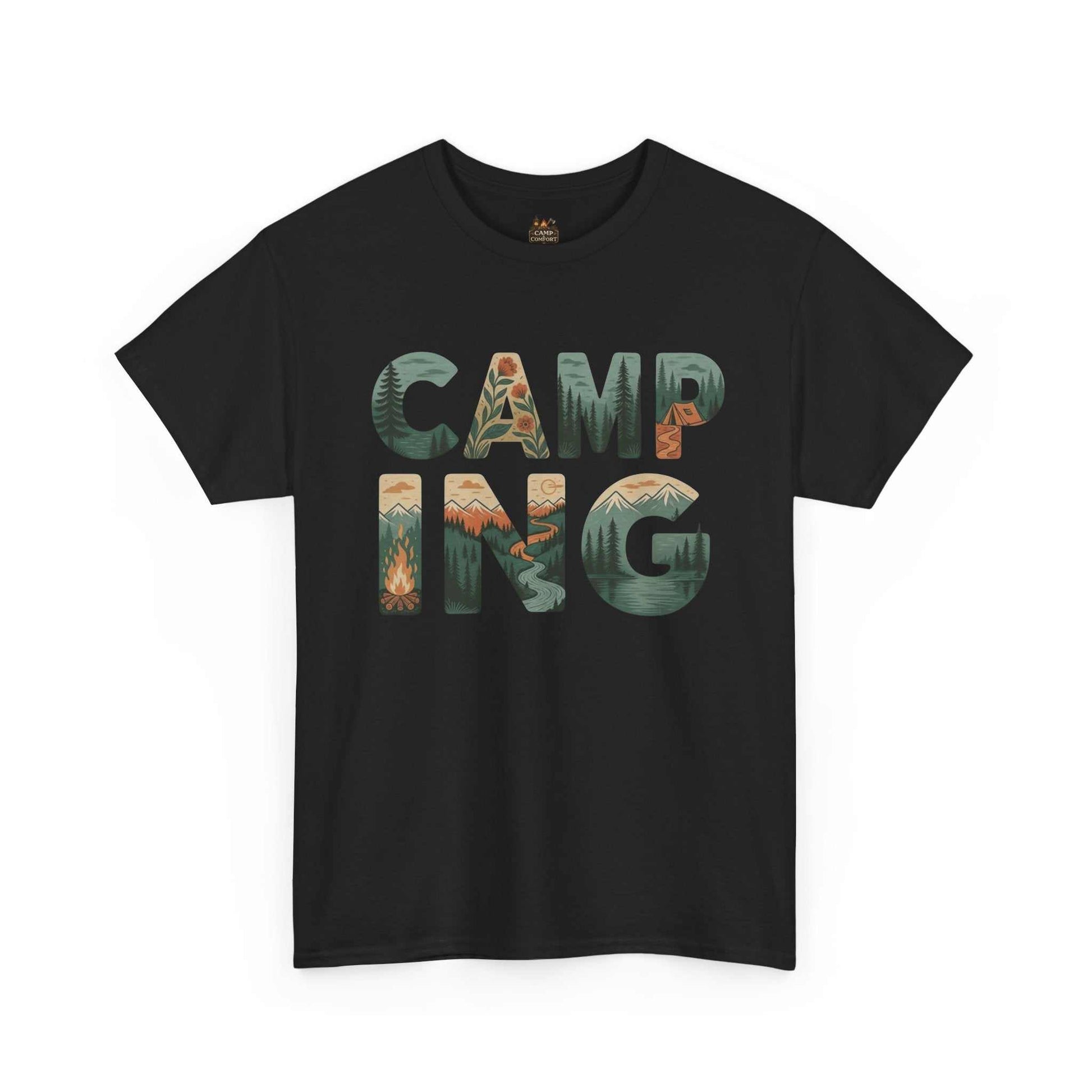 "The Camping Typography Tee Outdoor Nature Graphic Shirt in a soft heathered fabric, featuring a clean, rustic typography design with mountain and forest elements."
