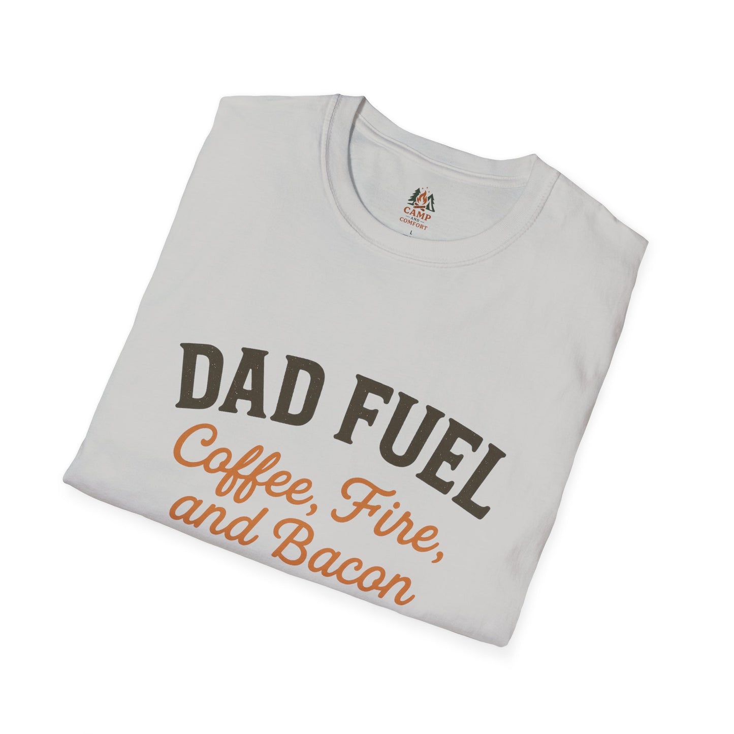 Dad Fuel T-Shirt | Funny Gift for Fathers | Coffee Fire and Bacon Tee | Unisex Softstyle Tee | Great for Birthdays and Father's Day